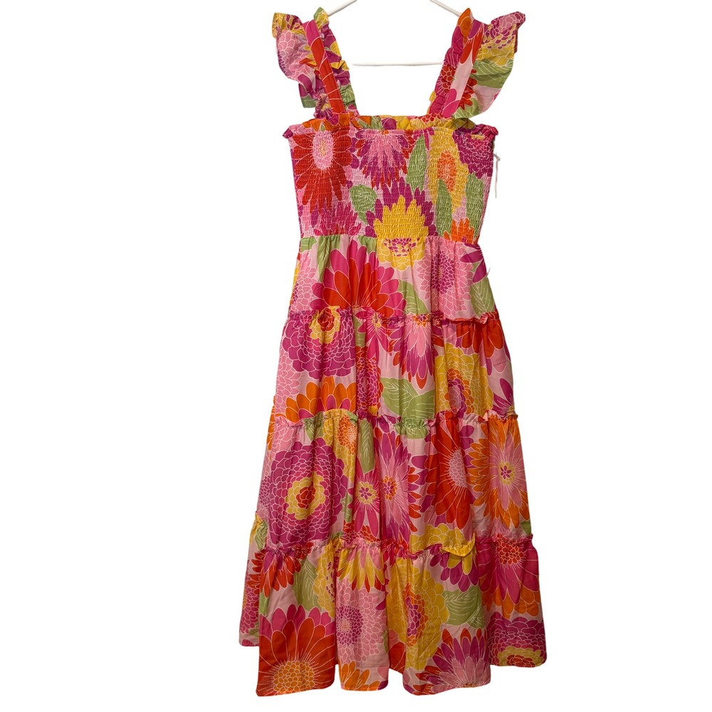 J. Marie Floral Midi Dress Women Pink Orange Smocked Tiered Ruffle Resort Beach